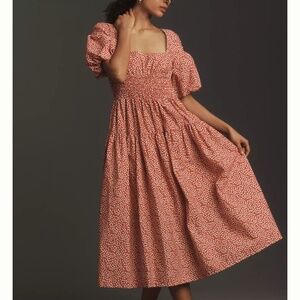 NWT By Anthropologie Puff-Sleeve Smocked Poplin Midi Dress
